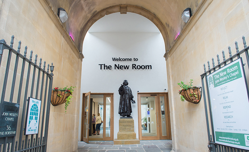 Entrance to The New Room museum with statue of Charles Wesley